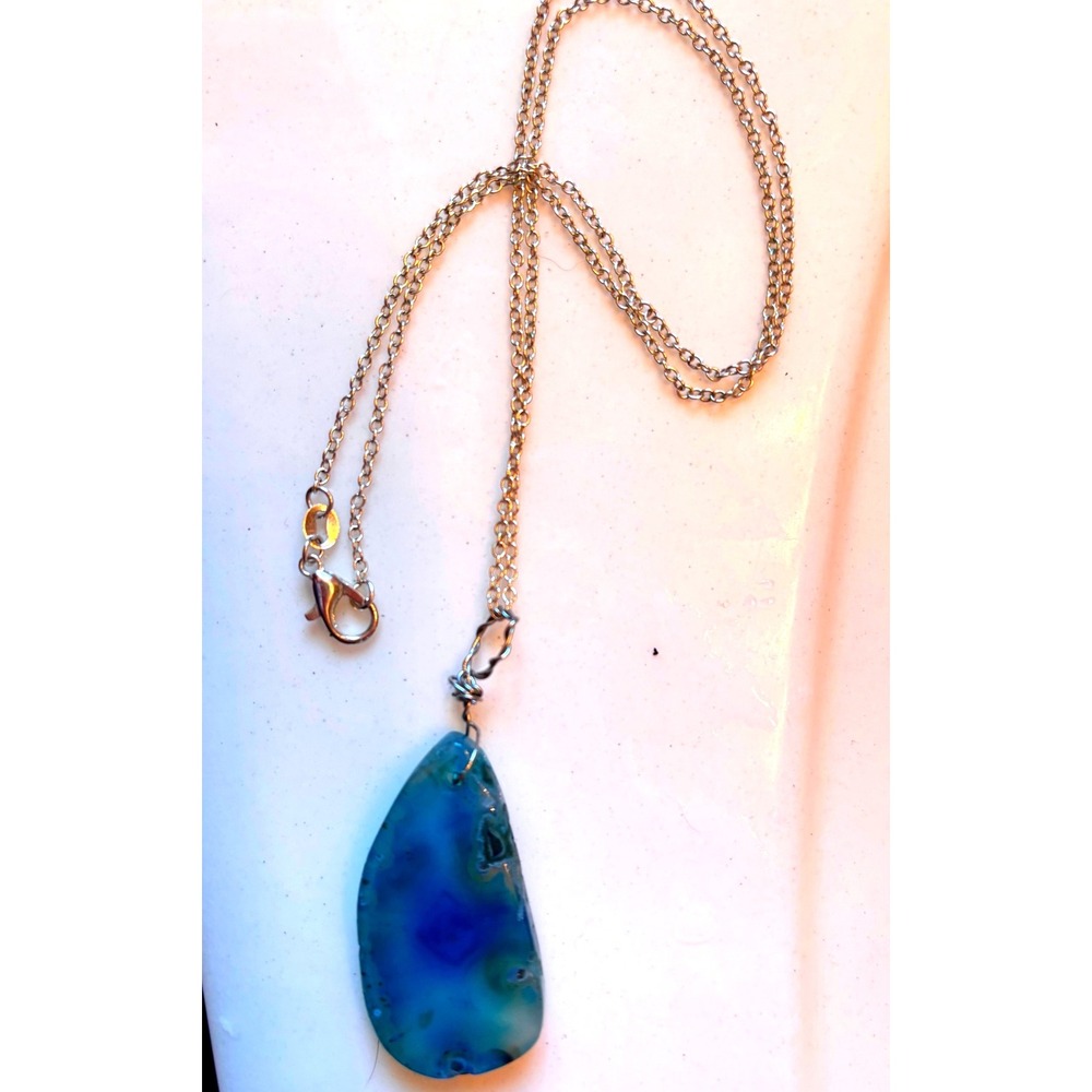 Sterling Silver Blue Agate Slice Teardrop Pendant Necklace Boho 925 Chain